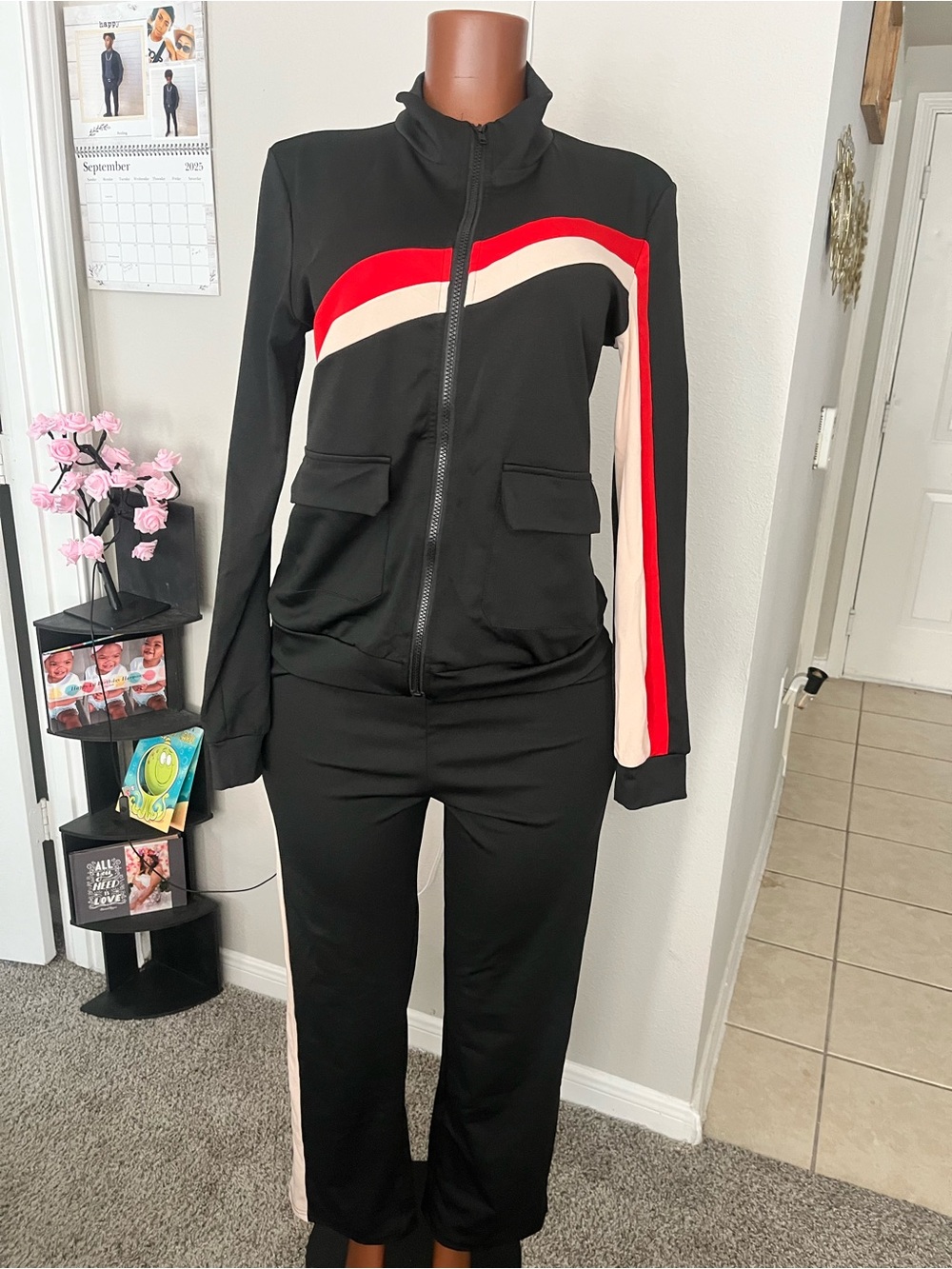Black Women’s Two-Piece Track Jacket & Pants with Red and Cream Stripes